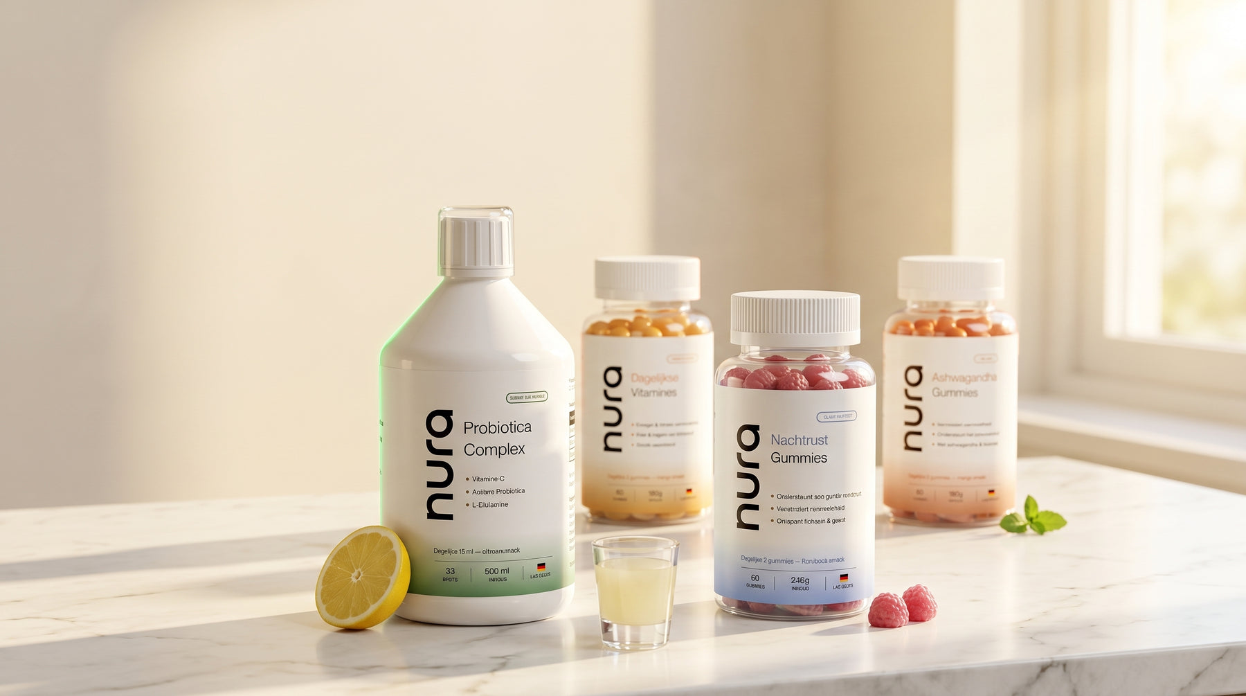 Nura Darm Probiotica met glas water