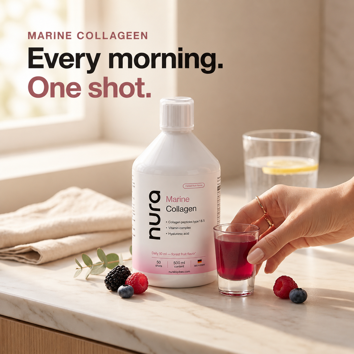 Nura Glow — Marine Collagen Shots · Wild Berry · 500ml